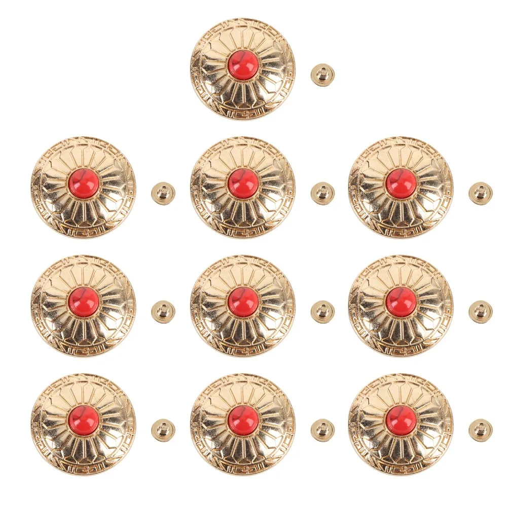 10PCS 30MM Screw Back Button Gold Flower 8MM Screws Metal Concho Metal Red Turquoise Turquoise Button DIY Accessories