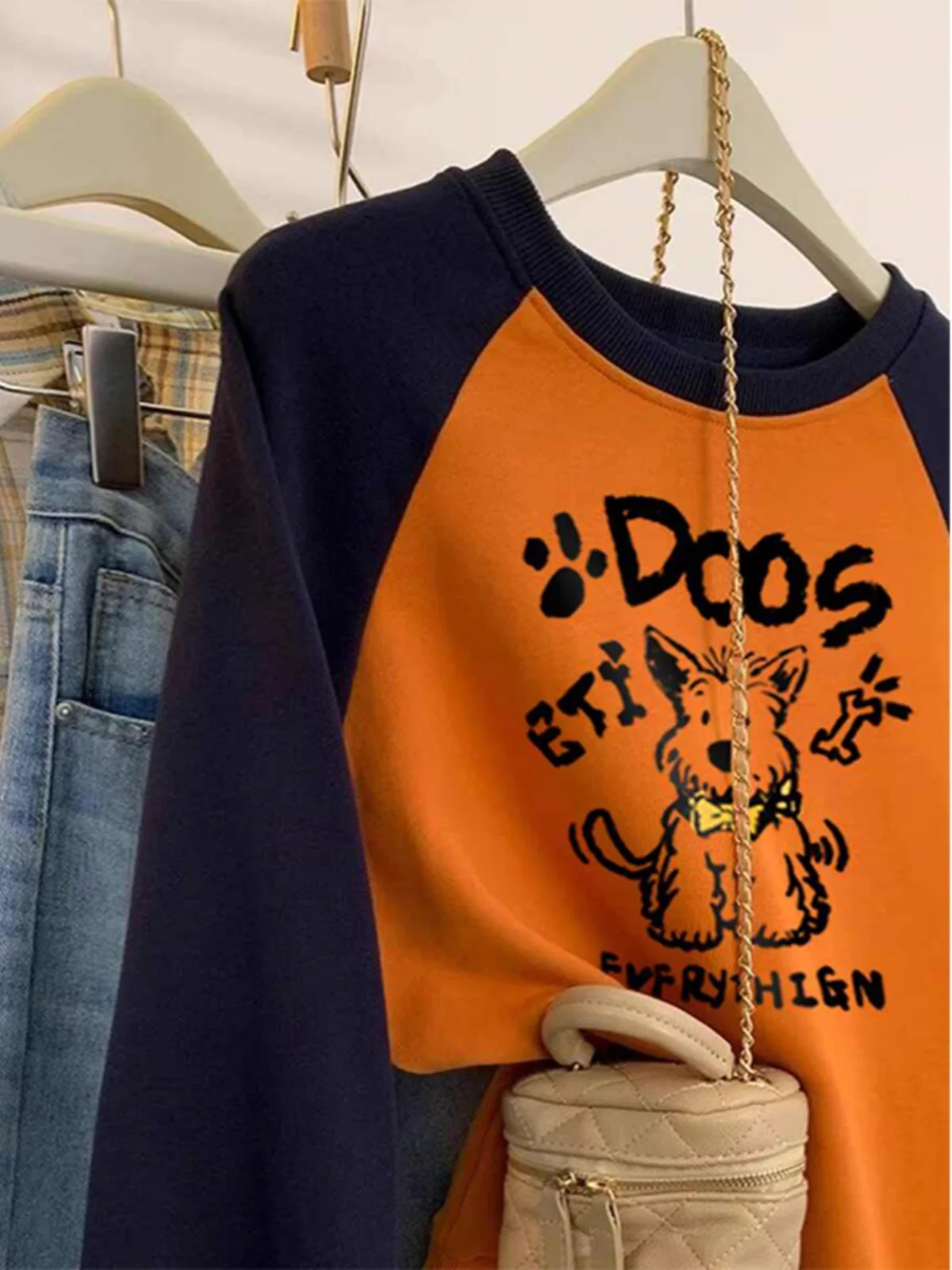 Retro American oulder Sweatirt Women's Spring Autumn New Cartoon Happy Dog Print Color Blo Long Sve Top