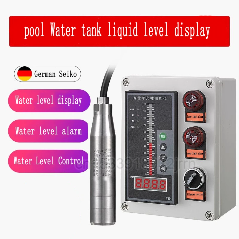 Fire Water Tank Water Level Display Liquid Level Transmitter 802 Sensor Within 1-5-10 Meters+Light Column Meter+Alarm Wire Box