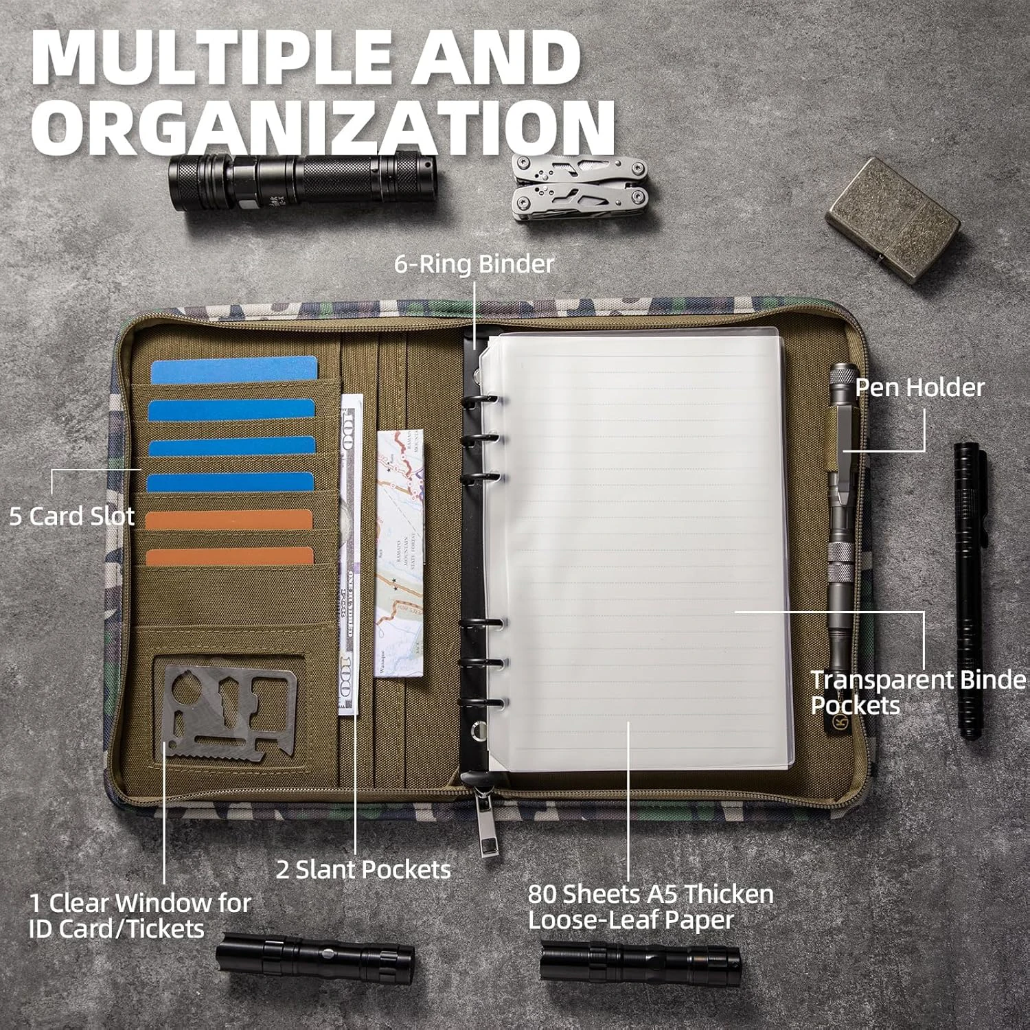 KOSIBATE A6 Tactical Notebook with Zippered Padfolio Ring Binder Loose-Leaf Paper Weatherproof Notepad
