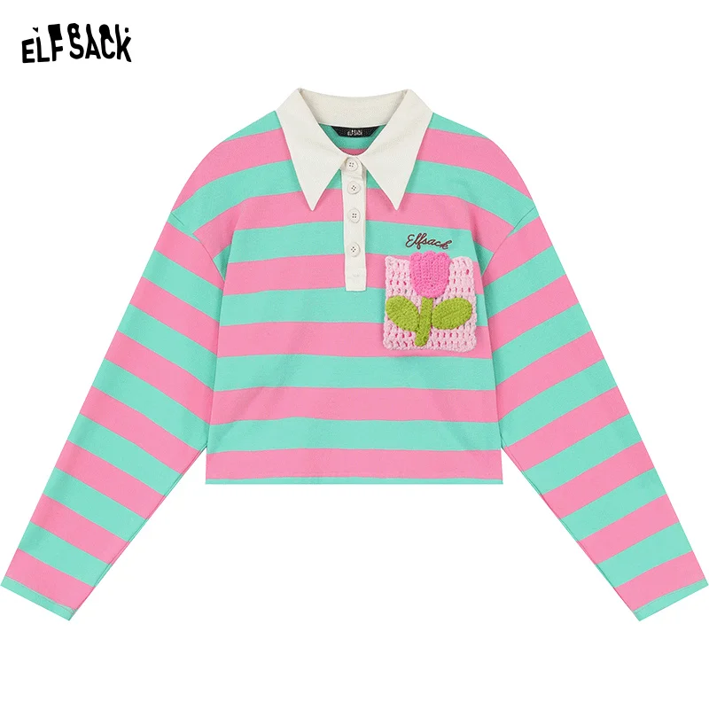ELFSACK-Camiseta de manga larga a rayas para mujer, cuello Polo, nueva estatura reductora de edad, ganchillo artesanal f, primavera 2024