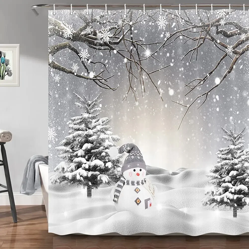 Winter Christmas Shower Curtain,Cute Snowman Snowflake Scene Pine Tree Covered Snow Fabric Bathroom Bath Curtains Set with Hooks