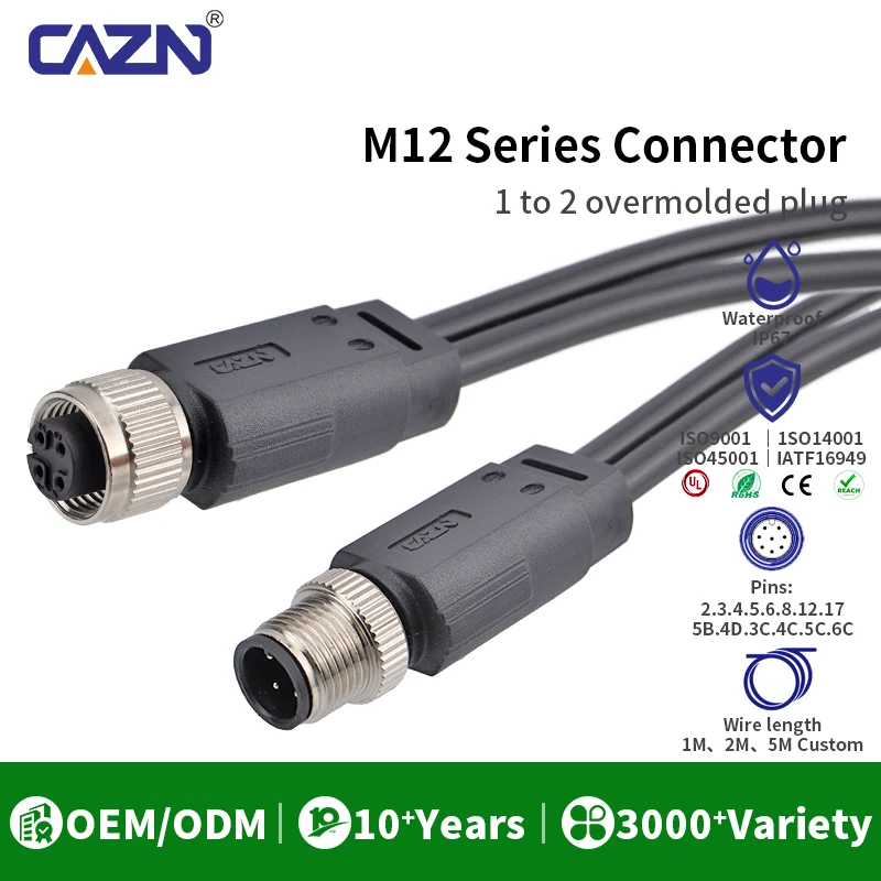 1 to 2 Way M12 Shielded Splitter Cable Male to Female 2 3 4 5 6 8 12 17 Pin 1/2/5m PUR IP67 for Robotics & Signal Transmission