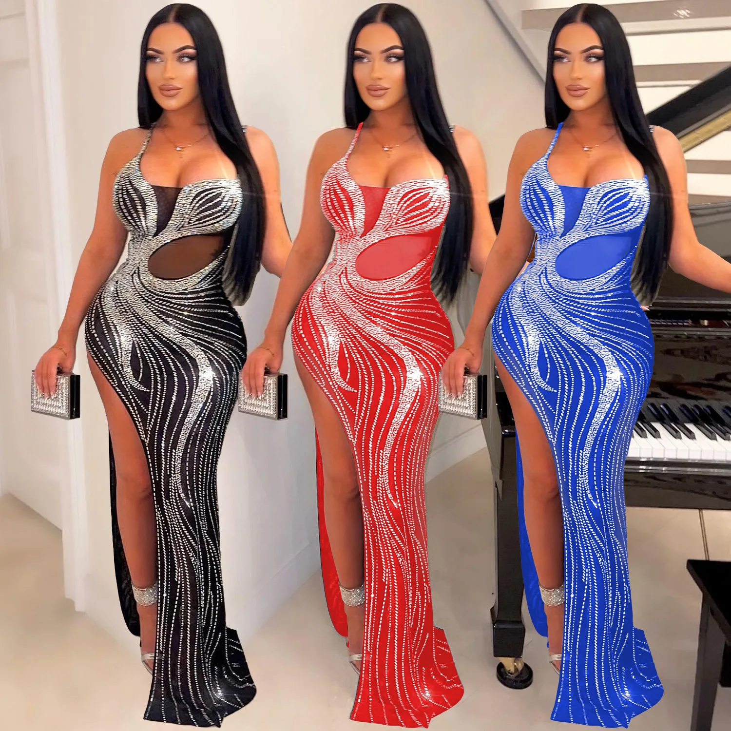 

EINY Gorgeous Crystal Gown For Women Glam Sleeveless High Slit Rhinestone Elegant Maxi Dress Birthday Outfits Sexy Clubwear y2k