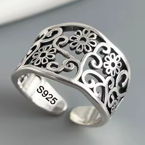 925 Sterling Silver Rings for Women Couple Minimalist Handmade Simple Hollow Flower Ring Fine Jewelry Gift Prevent Allergy