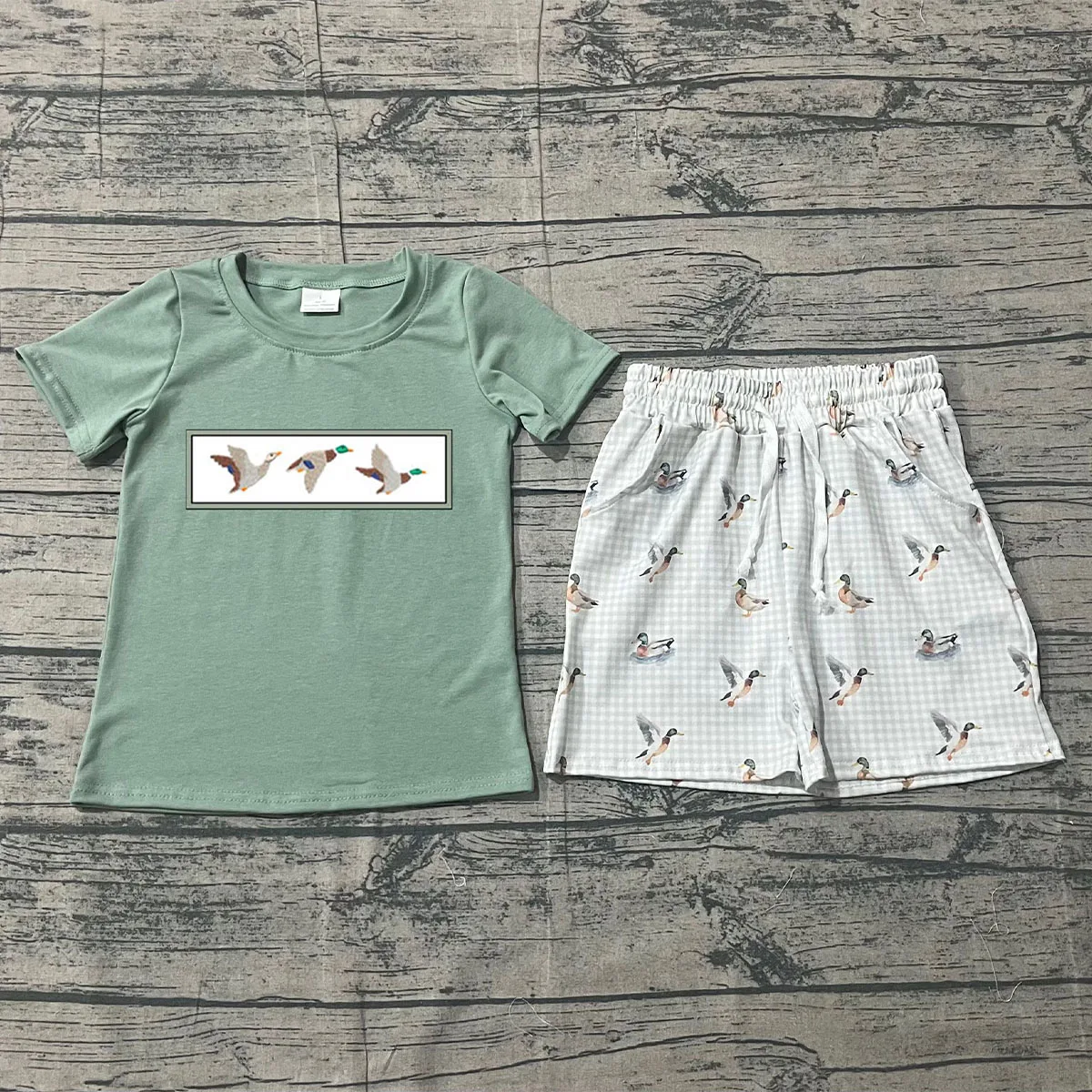 Kids Baby Boy Short Sleeve Clothes Set Embroidery Top Plaid Pockets Ducks Shorts Infant Toddler Outfits Children Clothing