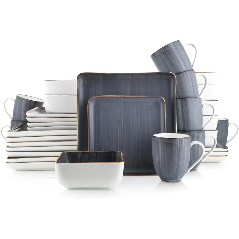 Esmeralda Porcelain Dinnerware Set, Service for 8 32 Pieces Square Grey Brushed Design