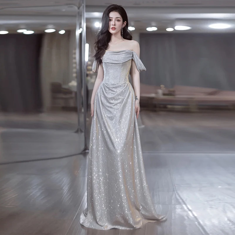 

off-Shoulder Evening Dress 2025 New High-Grade Socialite Temperament Banquet Long Super Fairy Light Luxury Fishtail Toast