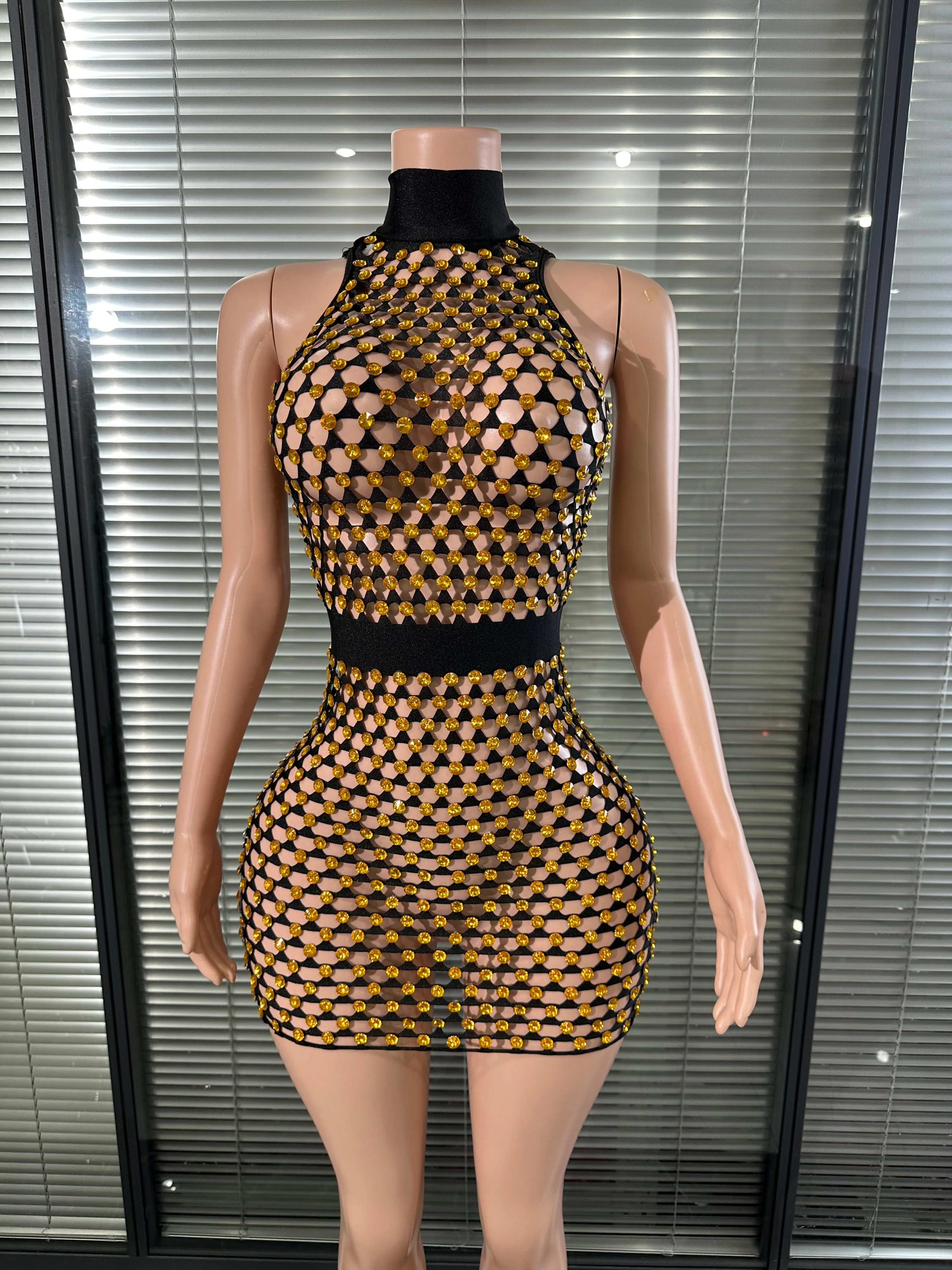 

Luxury Black Mesh Fishnet Mini Dress Women Halter Neck Sparkling Rhinestone Beaded Bodycon Nightclub Cocktail Party Club Outfit