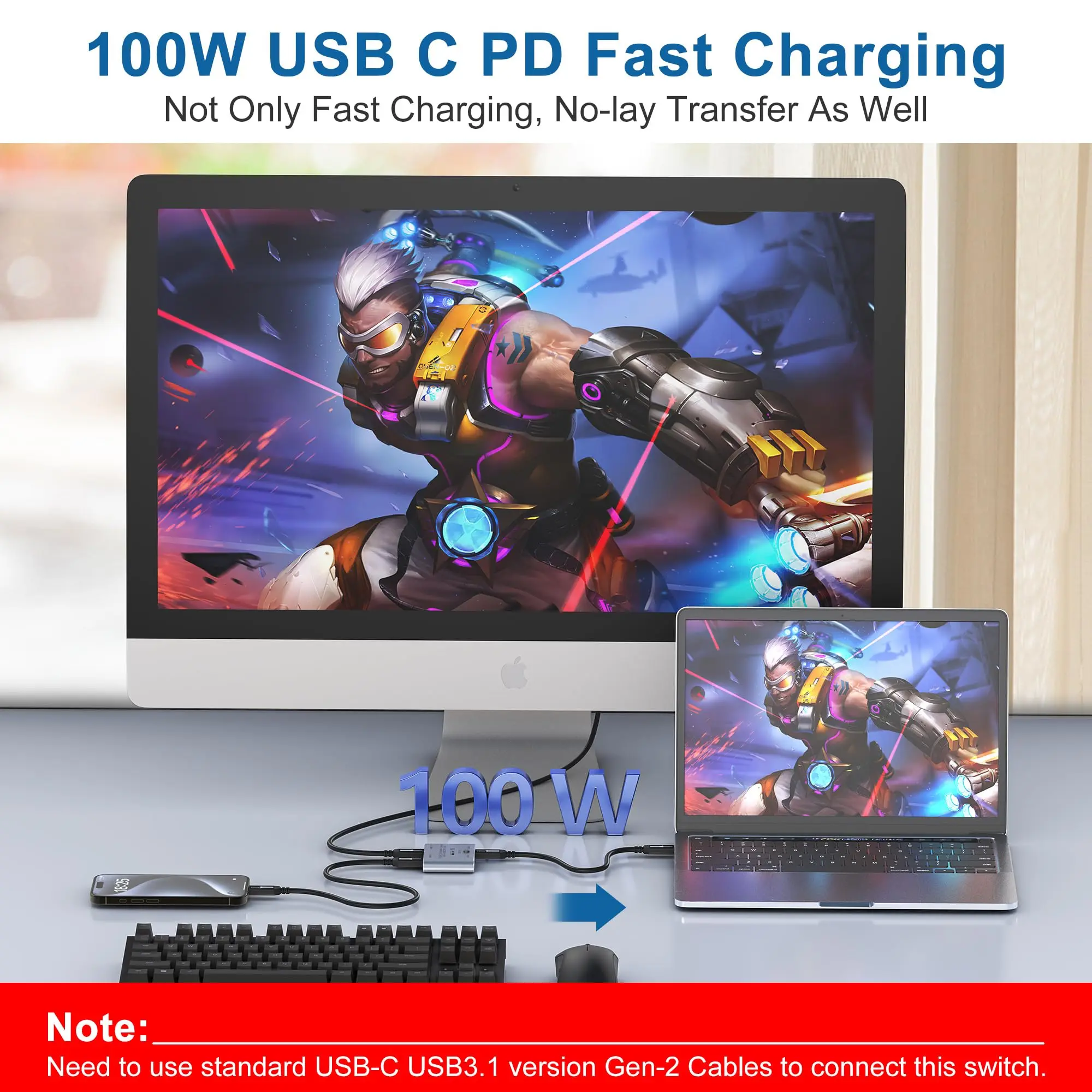 8K USB C Switch Splitter for 2 Computers Bi-Directional Type C KVM Switch 1 in 2 Out/2 in 1 Out for 8K@60Hz/4K@144Hz 100W Charge