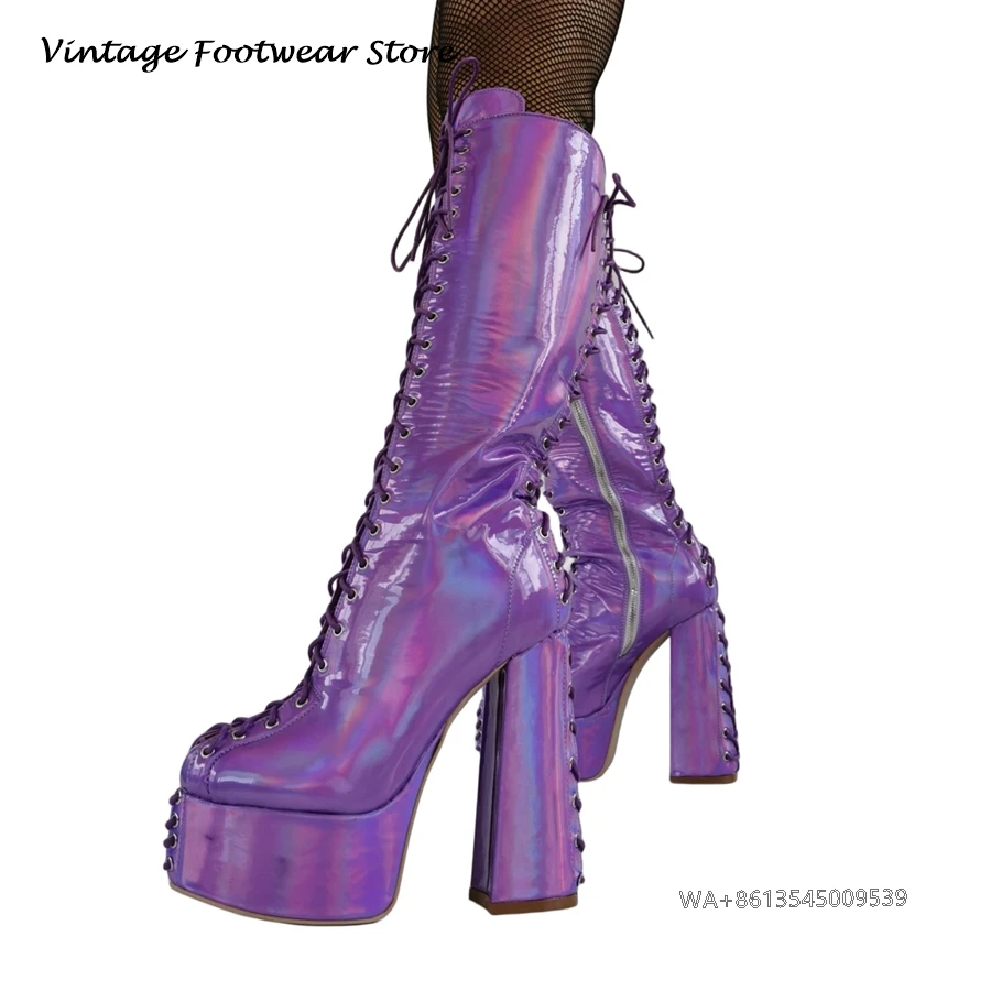 

Vintage Shinny Purple Platform Knee-high Boots Round Toe Chunky Heel Sexy Boots Front and Back Cross-tied Punk Style Women Shoes