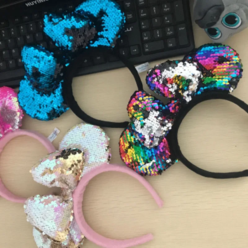 Disney Mickey Ear Women Headband Tokyo Disneyland Sequin Minnie Hairband Child/Adult Bow Hair Accessories Birthday Gift