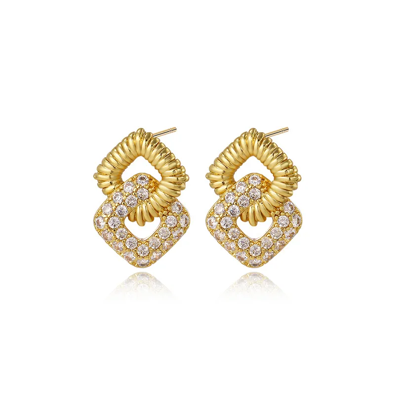 2Pair copper fashion simple double-layer square stripe micro-inlaid zircon stud earrings jewelry women's daily wear