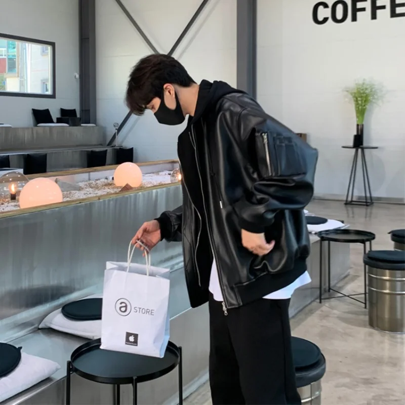 American Style Fake Two Pieces Hoodie Leather Jacket Coats Autumn Winter Fashion Loose Motorcycle Jackets for Men Y2k Streetwear