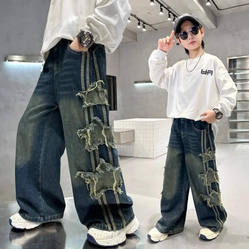 

Spring and Autumn Loose Five-pointed Star Embroidered Trouser Boys and Girls Fleece Jeans New Children Wide-leg Pants Teen Kids