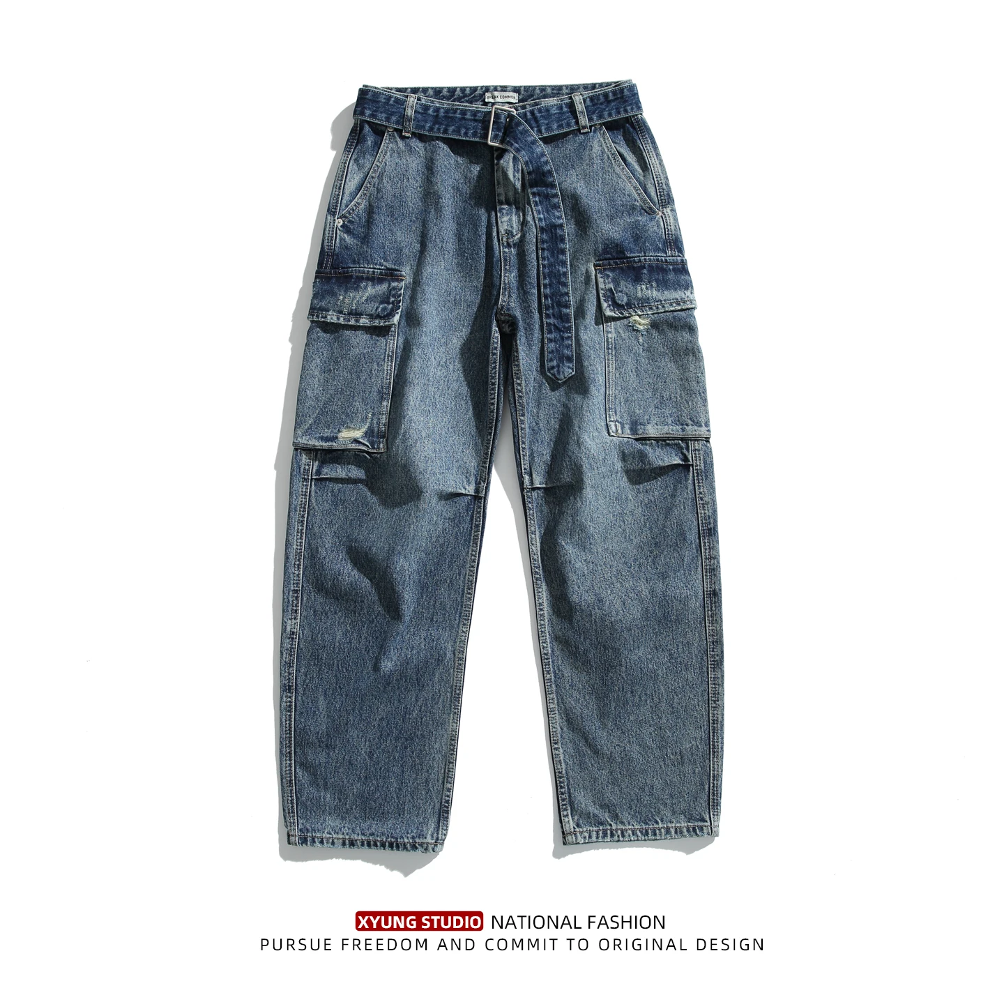

Retro American Sle Men's Jeans Spring New Loose Straight Leg Casual Long Trousers Multi kets Workwear Waed out Hole