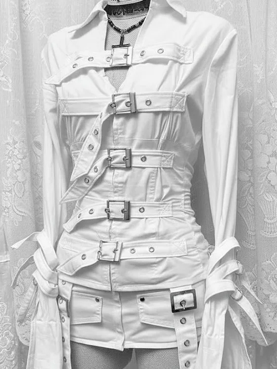 

Женская рубашка-пальто в готическом стиле с длинными рукавами, с множеством пряжек для утяжки талии, в стиле панк, из дышащего хлопка, весенняя мода