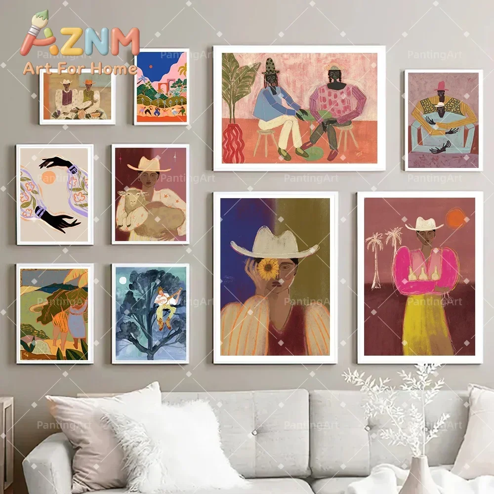 Bohemian Cowboy Disco Martini Canvas Painting Abstract Latino Folk Figure Art Posters Print Suitable For Gallery Wall Home De