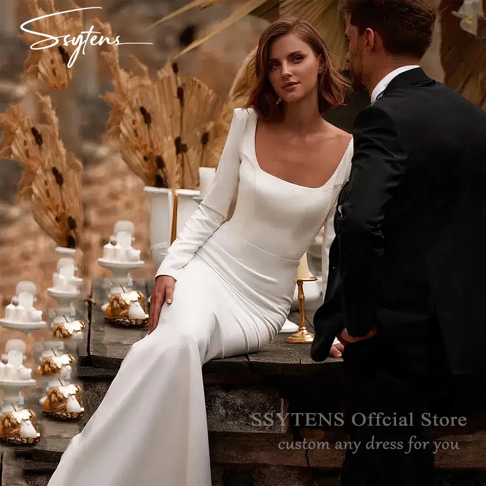 

SSYTENS Modern Full Sleeves Wedding Dress Women 2026 Square Collar Mermaid Bridal Gown Long Backless Boho Bride Gowns Customized