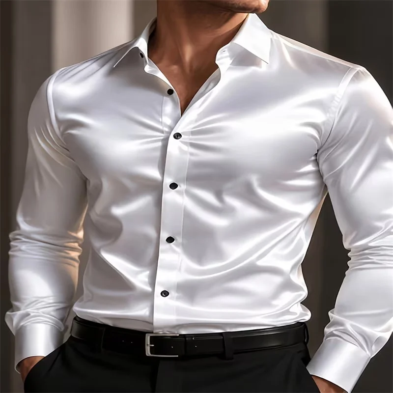 Men Luxury White Satin Long Sleeve Shirt Solid Color Glossy Silk Button Down Shirt Wedding Banquet Formal Male Dress Tops