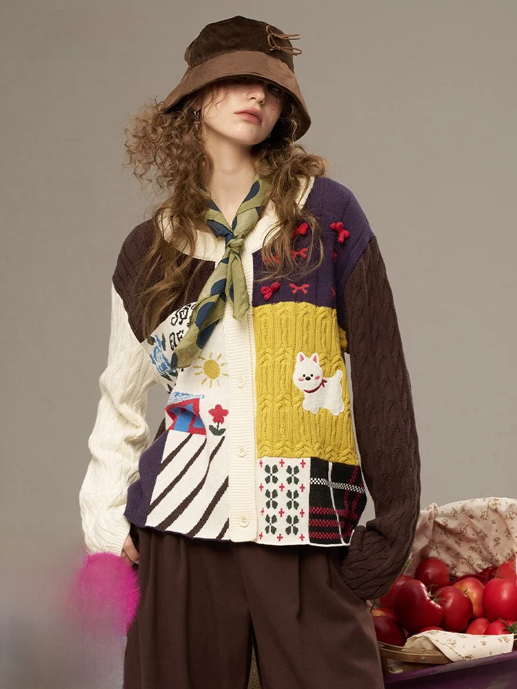 

00% Cotton Fun Patchwork Knitwear Women's Open Cardigan Sweater Elf Sa Casual Sle Loose Fit Long Sve round Ne