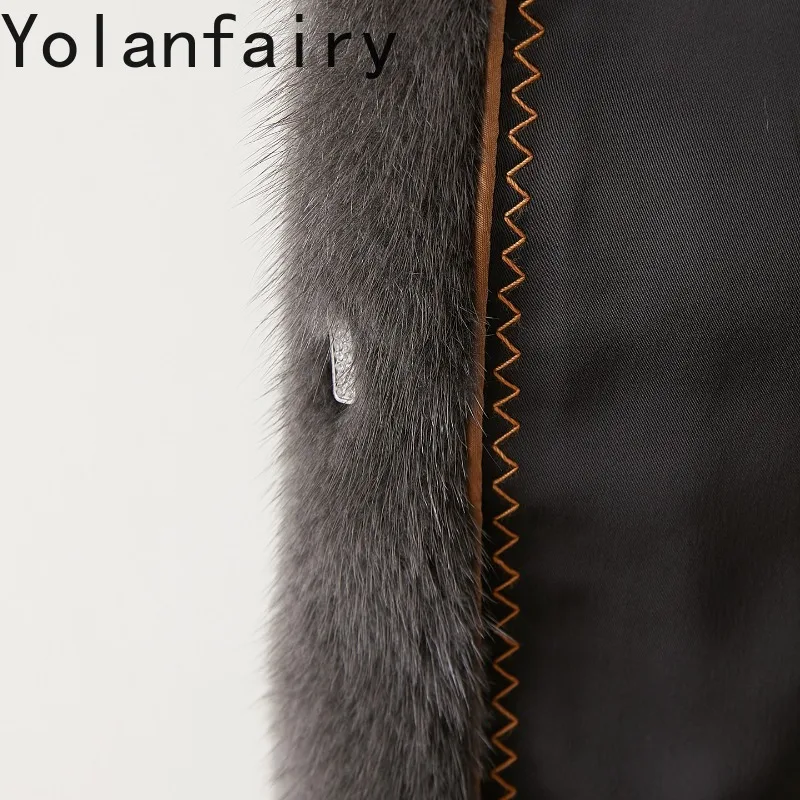 เสื้อโค้ทขนสัตว์แท้คุณภาพสูง YOLANFAIRY สำหรับผู้หญิง หรูหรา สำหรับฤดูหนาว ความยาวปานกลาง ทำจากขนมิงค์แท้ทั้งตัว พร้อมฮู้ด สีเทา