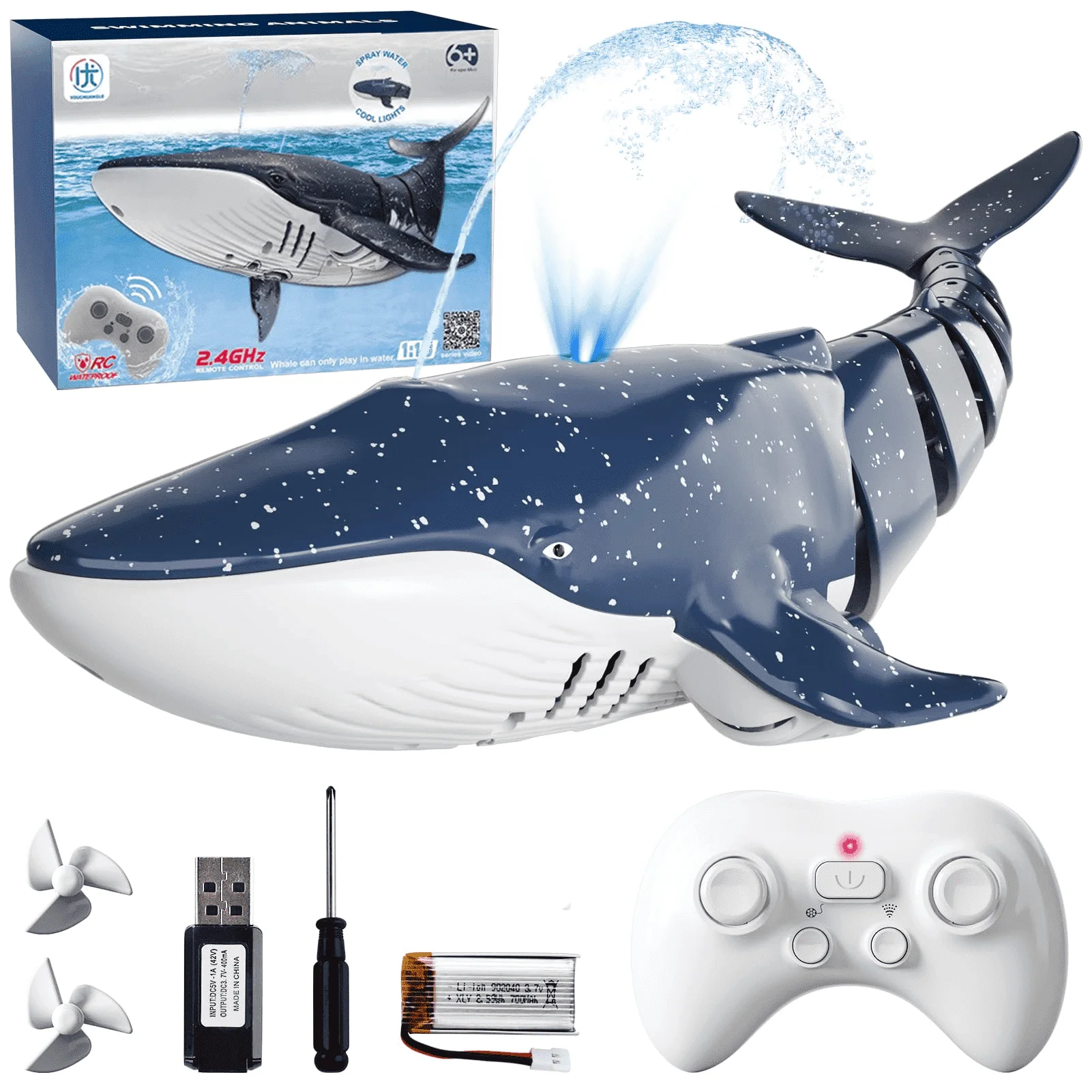2.4G RC 고래 상어 장난감, 물 분사 및 조명 기능이 있는 전동 리모컨 상어, 4-9세 어린이용 수영장 장난감, 남자아이 시뮬레이션 보트