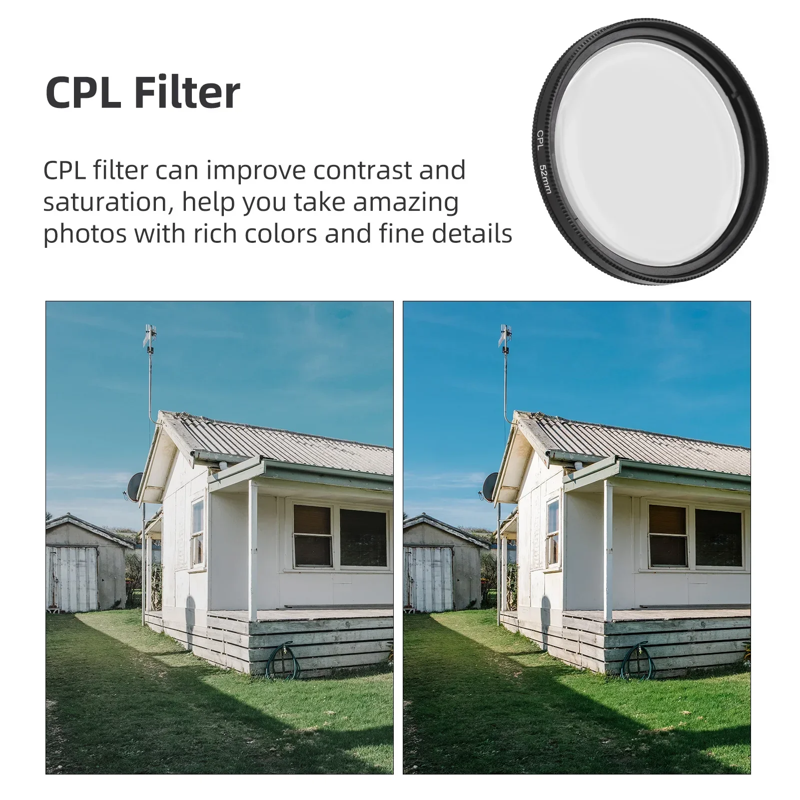 52MM CPL Filter Circular Phone Camera Lens Clip-on Polarizer Filter Lens for iPhone 15 14 13 12 Smartphones for Canon Nikon DSLR