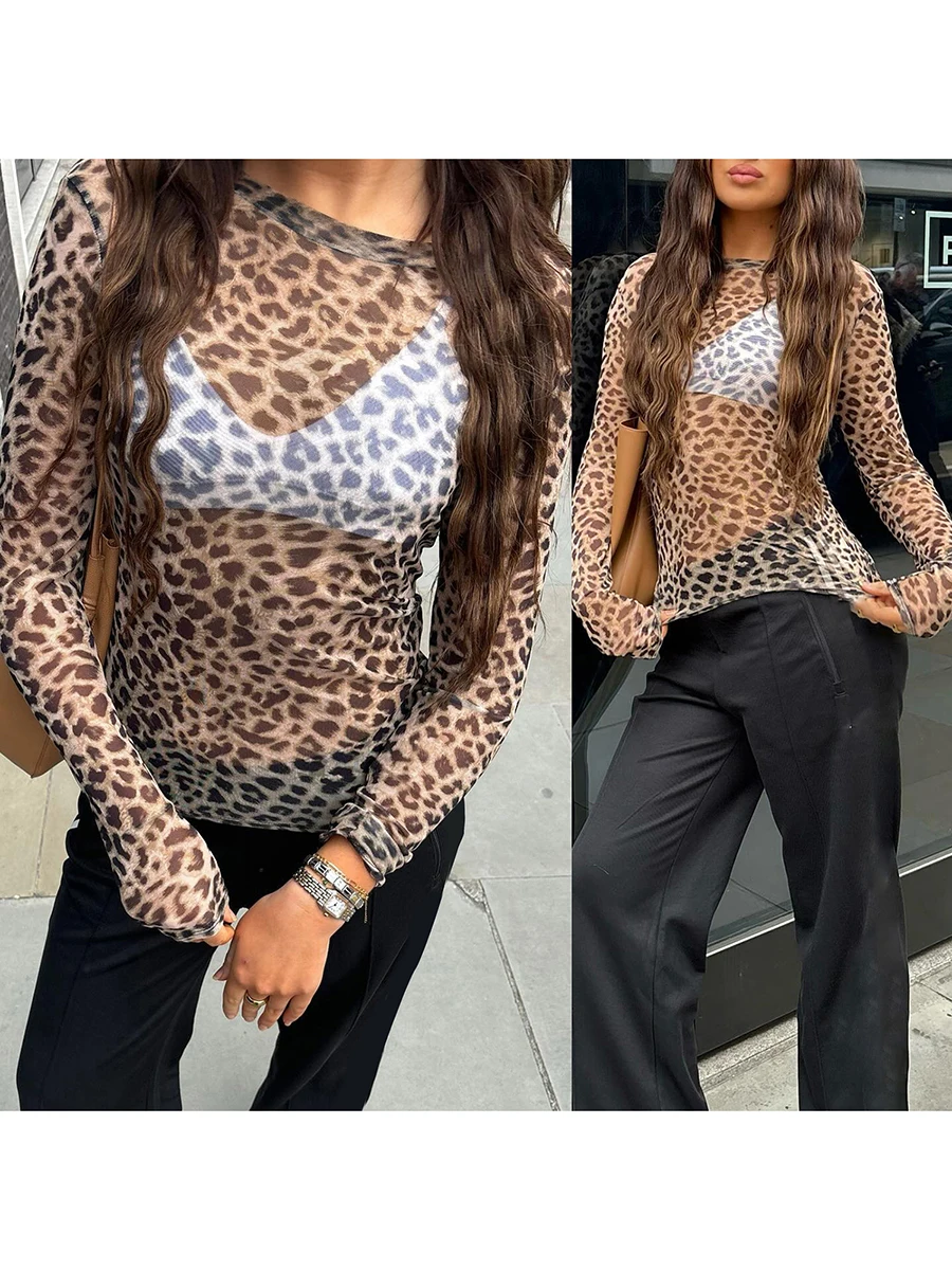 Camisetas de manga larga con estampado de leopardo para mujer, camisas informales de malla transparente con cuello redondo, Tops ajustados para primavera y otoño