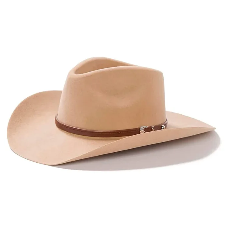 

Fashionable Retro Sheepskin Hat with Belt Decoration, Curved Brim Outdoor Hat, Western Cowboy Style Pure Wool Hat