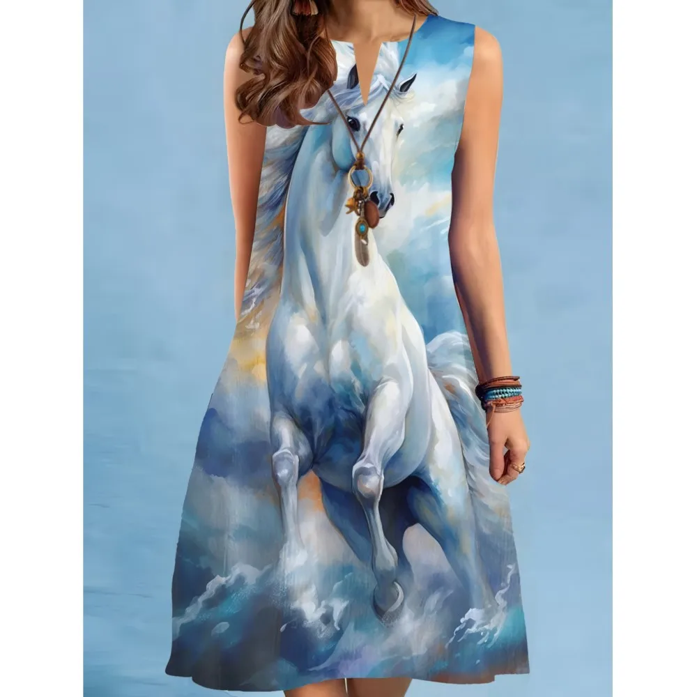 Fashionable horse Print Pullover Dress 2025 New Women Retro V-neck Multi-color Sexy Sleeveless A-Line Dress Vestido Elegante