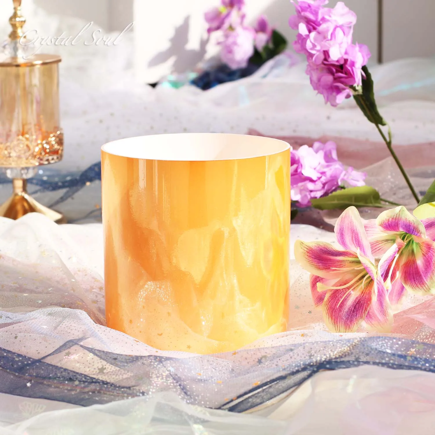 8 Inch Clear Quartz Alchemy Bowl Orange-Colored Sound Bowl With Perfect Pitch 432hz Customized