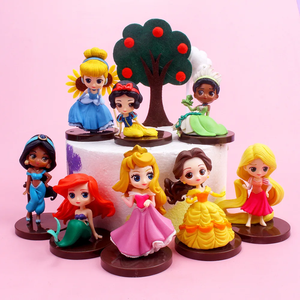 8pcs/set Disney Princess Q Posket Snow White Belle Mermaid Tangled Aladdin Cinderella Action Figure Model Toys Kids Charm Gift