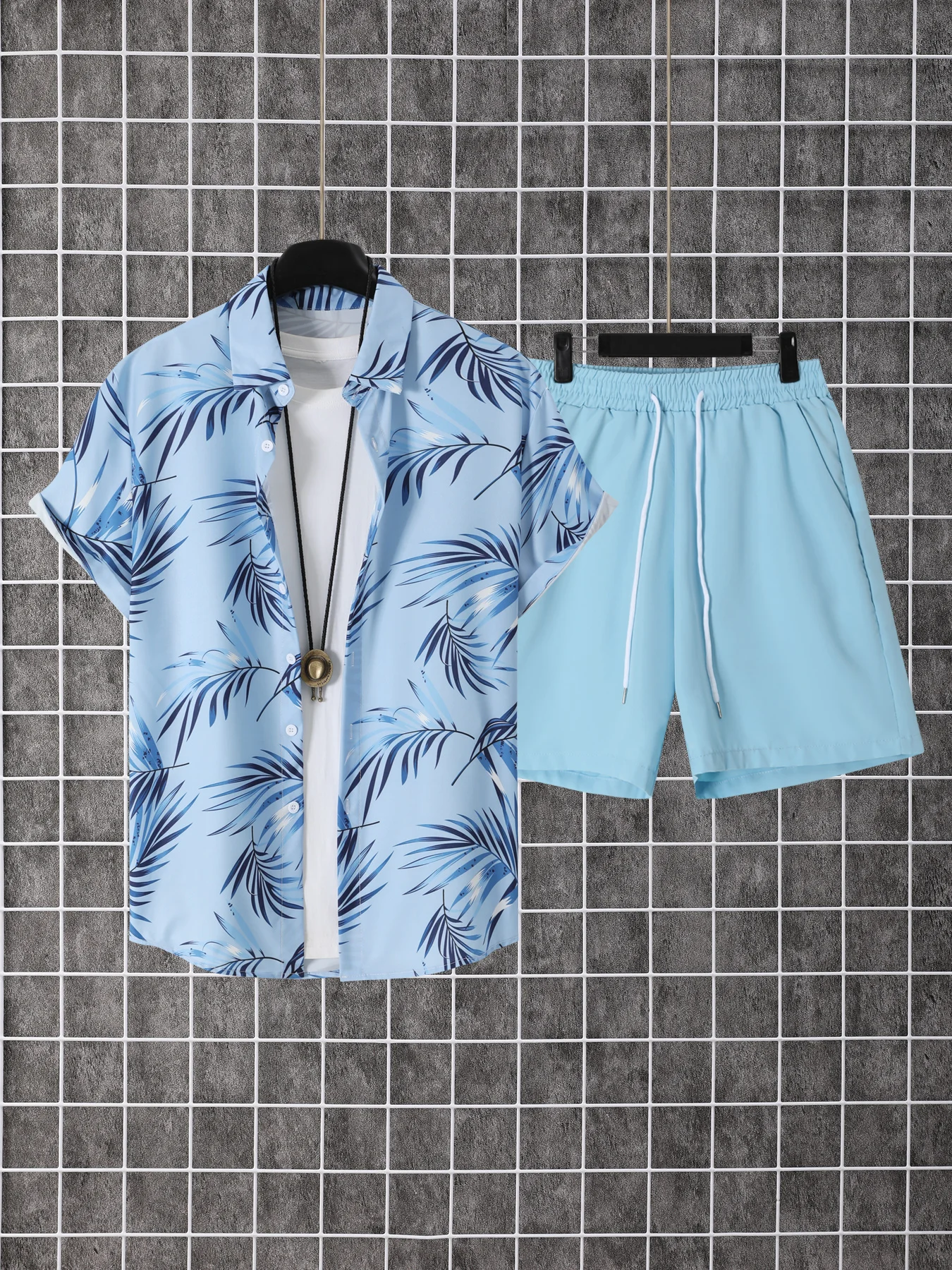 

2-pack, men's short-sleeved button-down shirt with a lapel and printed pattern, paired with drawstring pants, for trendy, casual