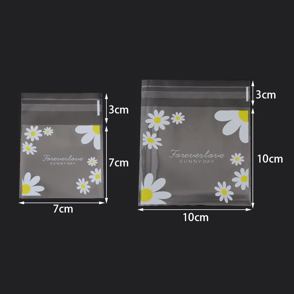 100pcs/lot Clear OPP Self Adhesive Bags Daisy Printed Plastic Packaging Bag For Jewelry Candy Cookie Party Gifts Storage Pouches