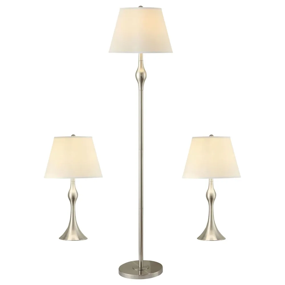 Beige and Brushed Nickel 3-Piece Lamp Set， includes a floor lamp along with two matching table lamps