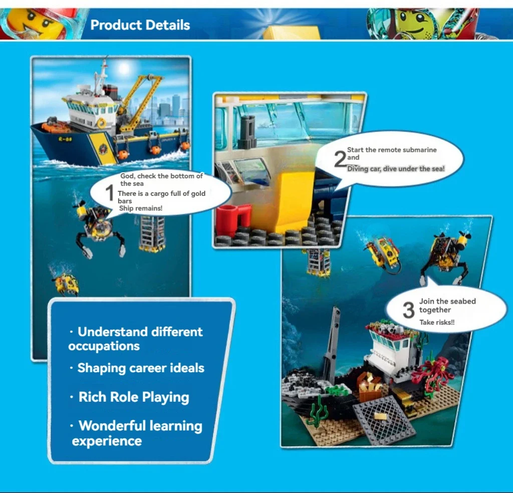 774pcs City Deep Sea Exploration Vessel Submarine Scuba Scooter Shipwreck Shark 60095 Building Block Toys Compatible With Model