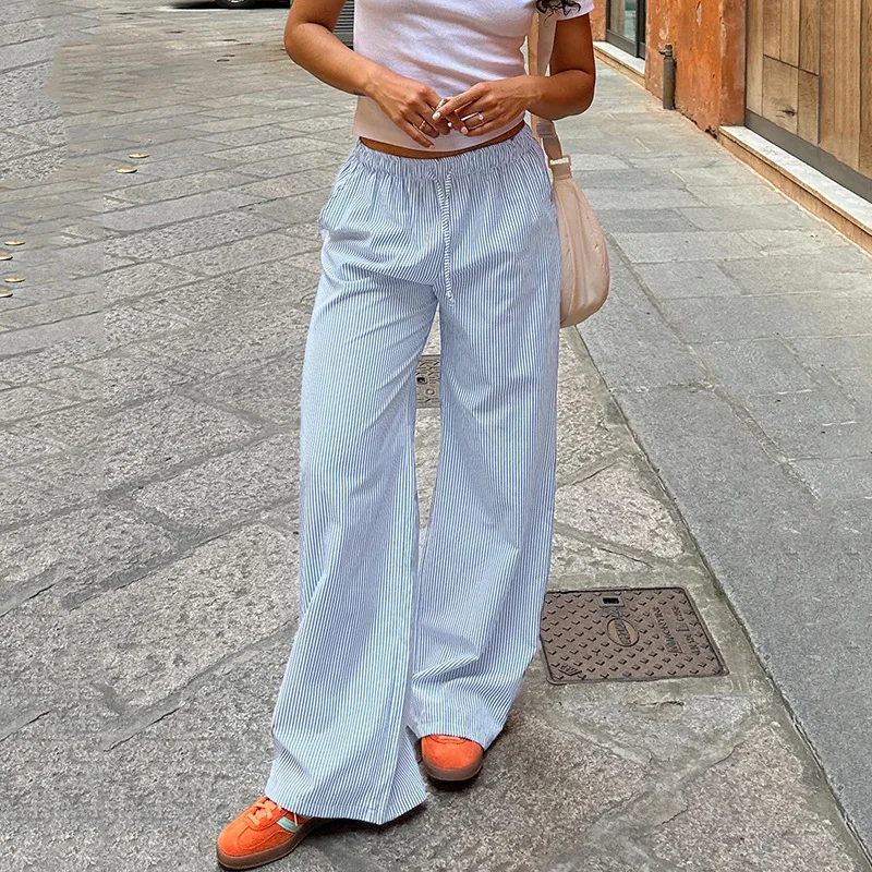 

Women's Casual Striped Woven Wide Leg Pants Fall Winter 2024 Casual Stylish Full Length Trousers Y2K Clothes Streetwear