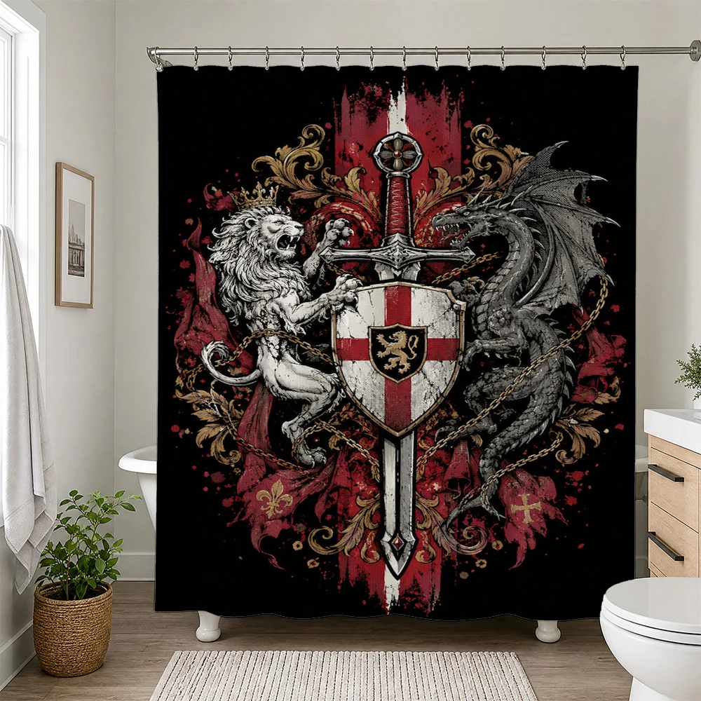 Gothic Dragon and Lion Crest Bathroom Shower Curtain Dark Fantasy Medieval Tapestry Shower Curtain