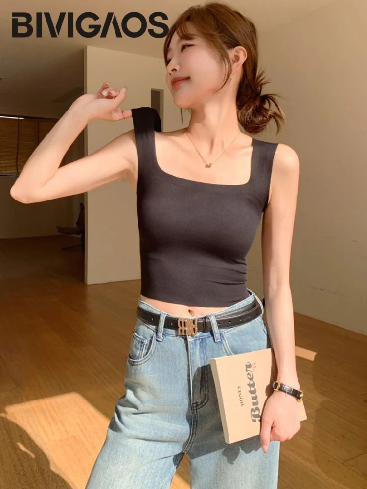 BIVIGAOS Summer Ice Silk Square Neck Camisole Vest Women Seamless No Trace Breast Pad Sexy Crop Tank Top Underwear Brassiere