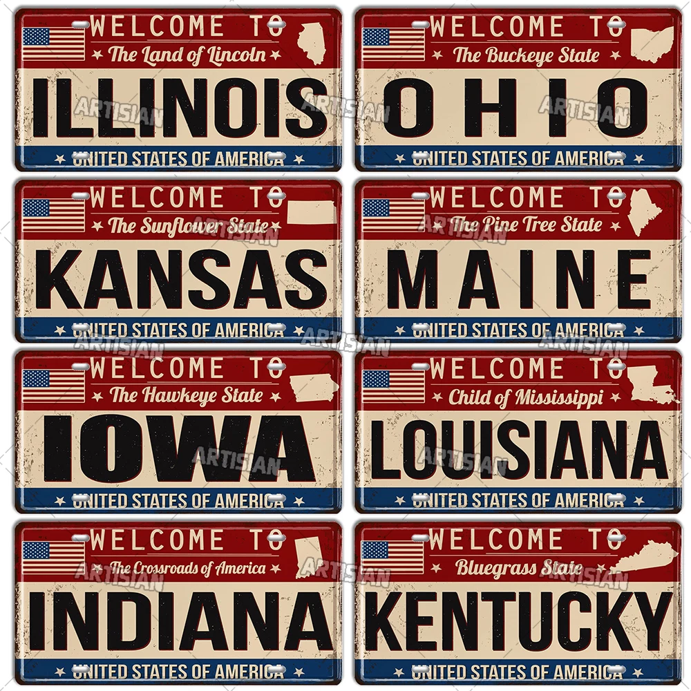 Artisian USA License Plate US Welcome to Metal Sign Landmark City State Decorative Plaque Wall Decor Garage Bar Pub Club Hotel