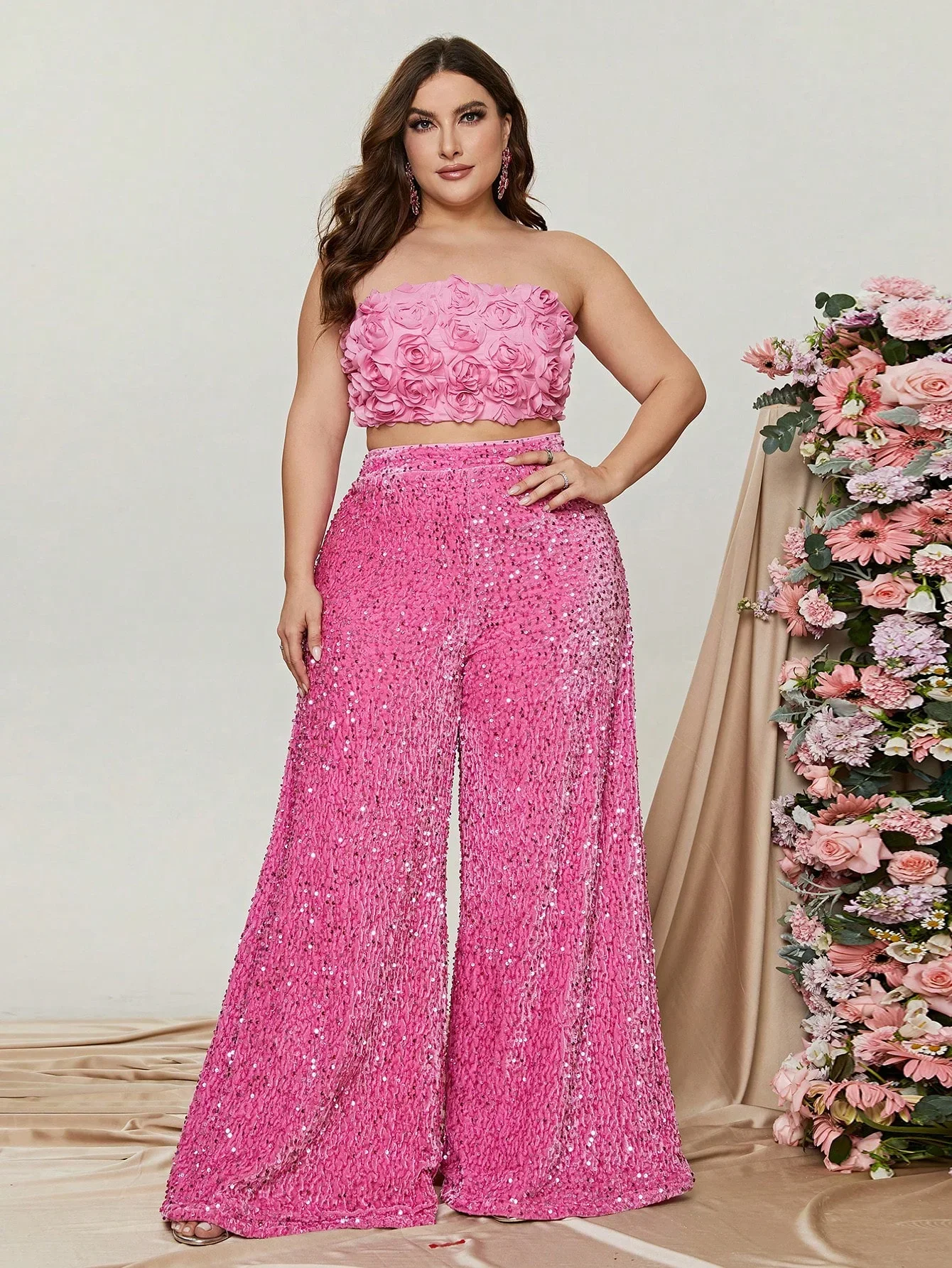 Plus Size Tube Top 3D Flower and Sequin Party Suit