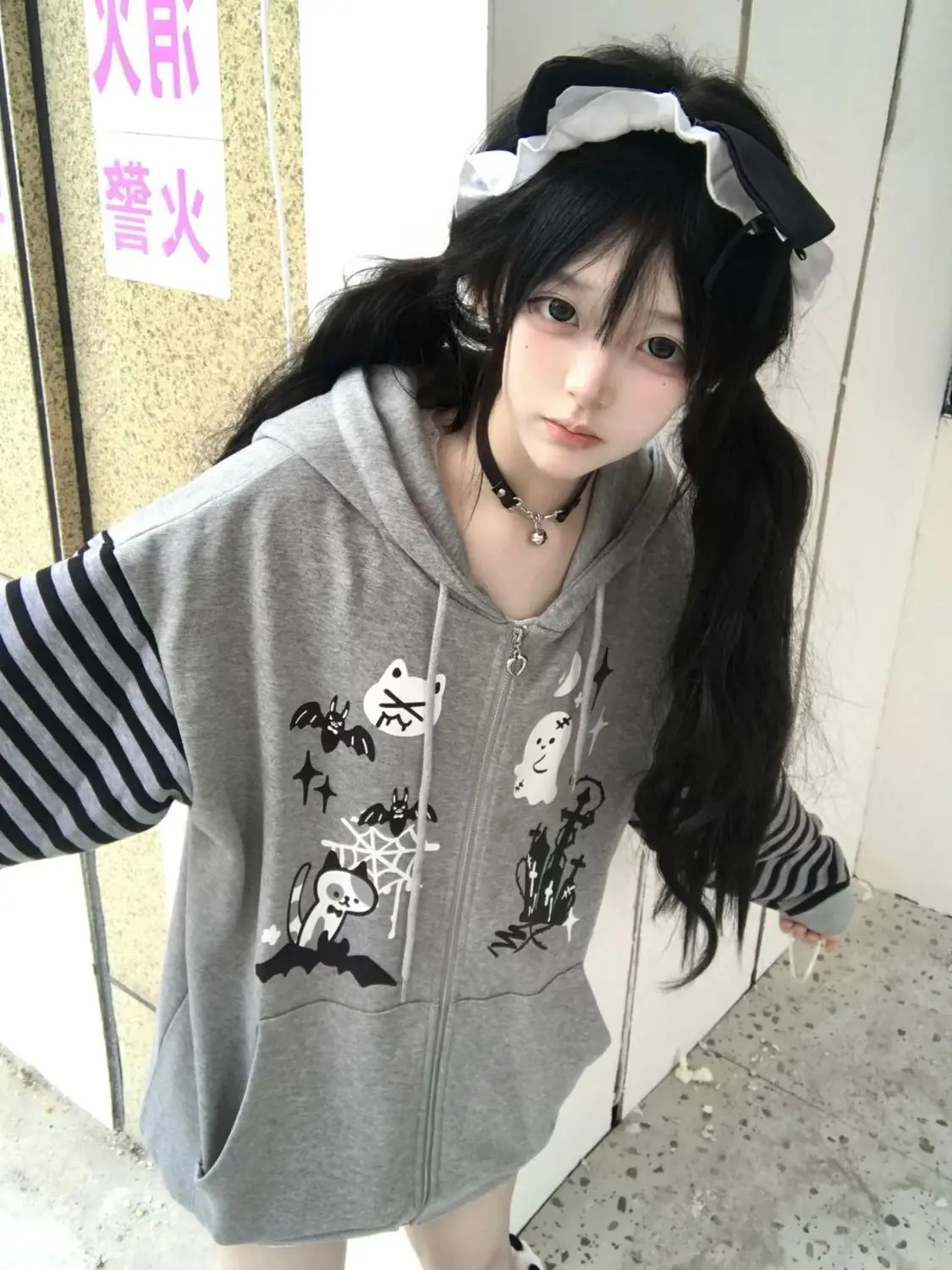 Spring and Autumn New Cute Cat Head Striped Hooded Jacket Women Japanese Harajuku Wind Y2k Sweet Cool Commuter Sweatshirt