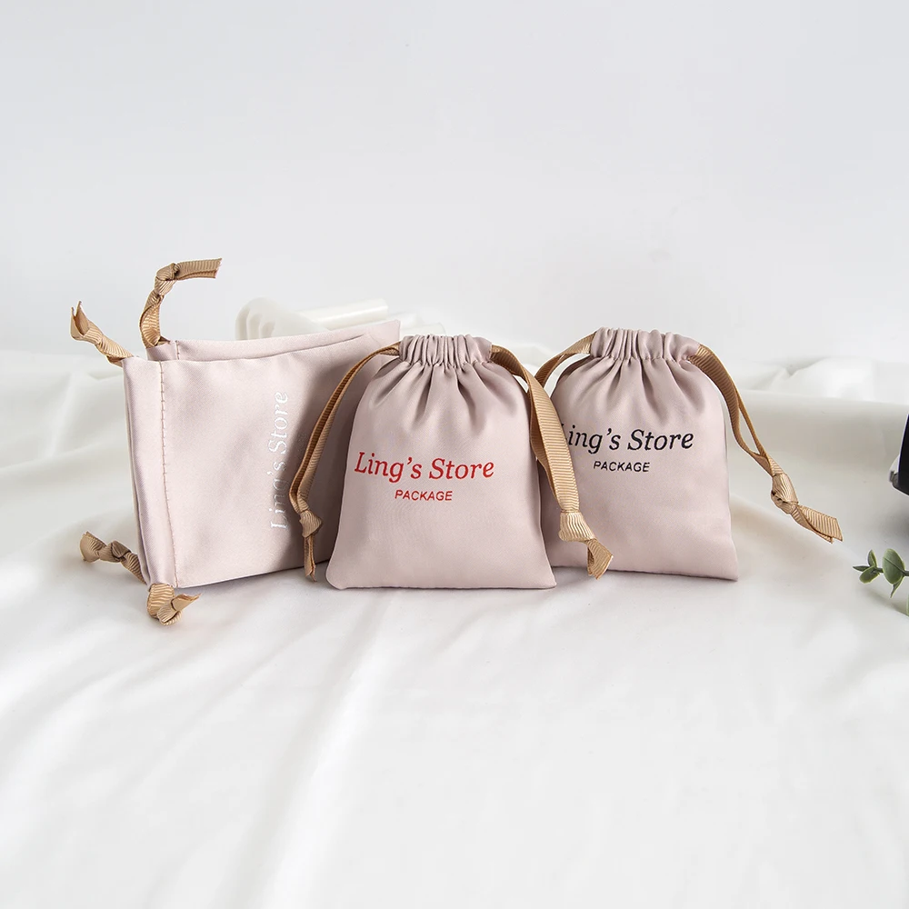 

50Pcs Custom Logo Champagne Silk Satin Jewelry Drawstring Ribbon Bag Gift Packaging Organizer Pouches Wedding Favors Box Storage