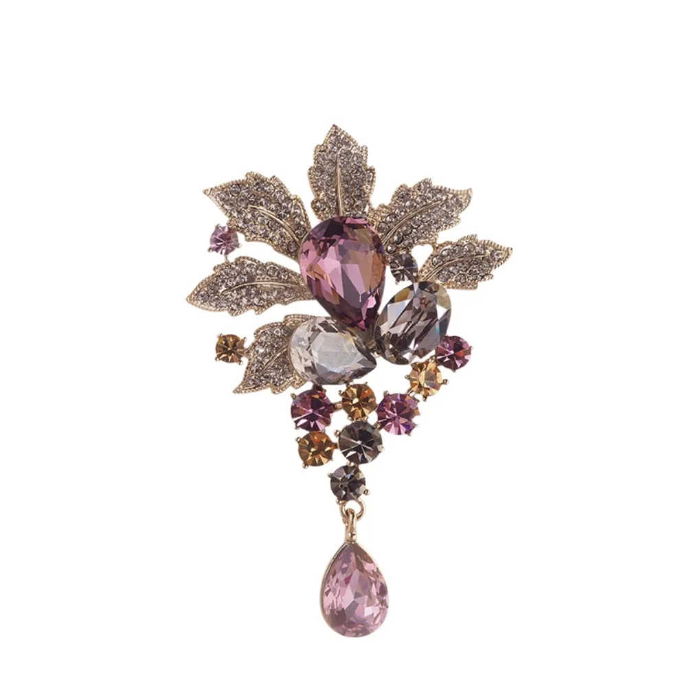 Personality Elegant Linden Leaf Brooch Rhinestone Classical Vintage Flower Badge Alloy Purple Lapel Pins Tourist Memorial