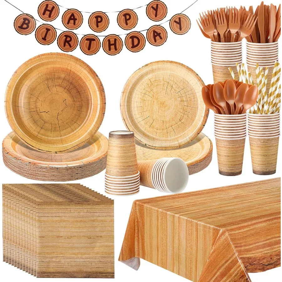 

Sawysine 202 Pcs Wood Grain Party Supplies Disposable Dinnerware Set for 25 Guests Includes 50 Plates 25 Cups 25 Napkins 25 Pla