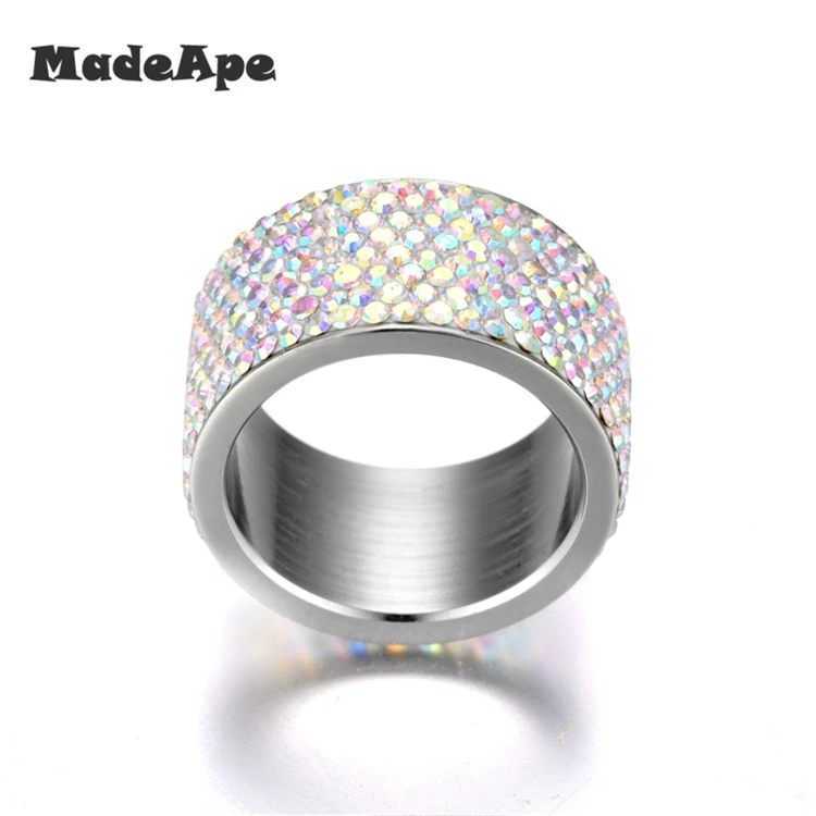 MadApe Wholesale High Quality Classic Stainless Steel 8 Row Crystal Jewelry Women Wedding Ring 12mm 6-9#