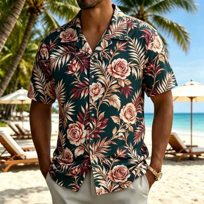 Men's hot stamping tropical plant floral print Hawaiian shirt, for summer vacations, beach parties, daily dressing