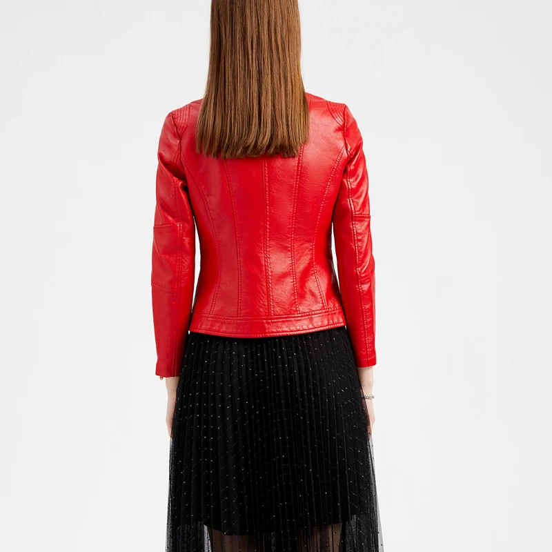 Women Mandarin Collar PU Leather Jacket Slim Fit Multi Zipper Pocket Short Moto Biker Coat Thin Outerwear
