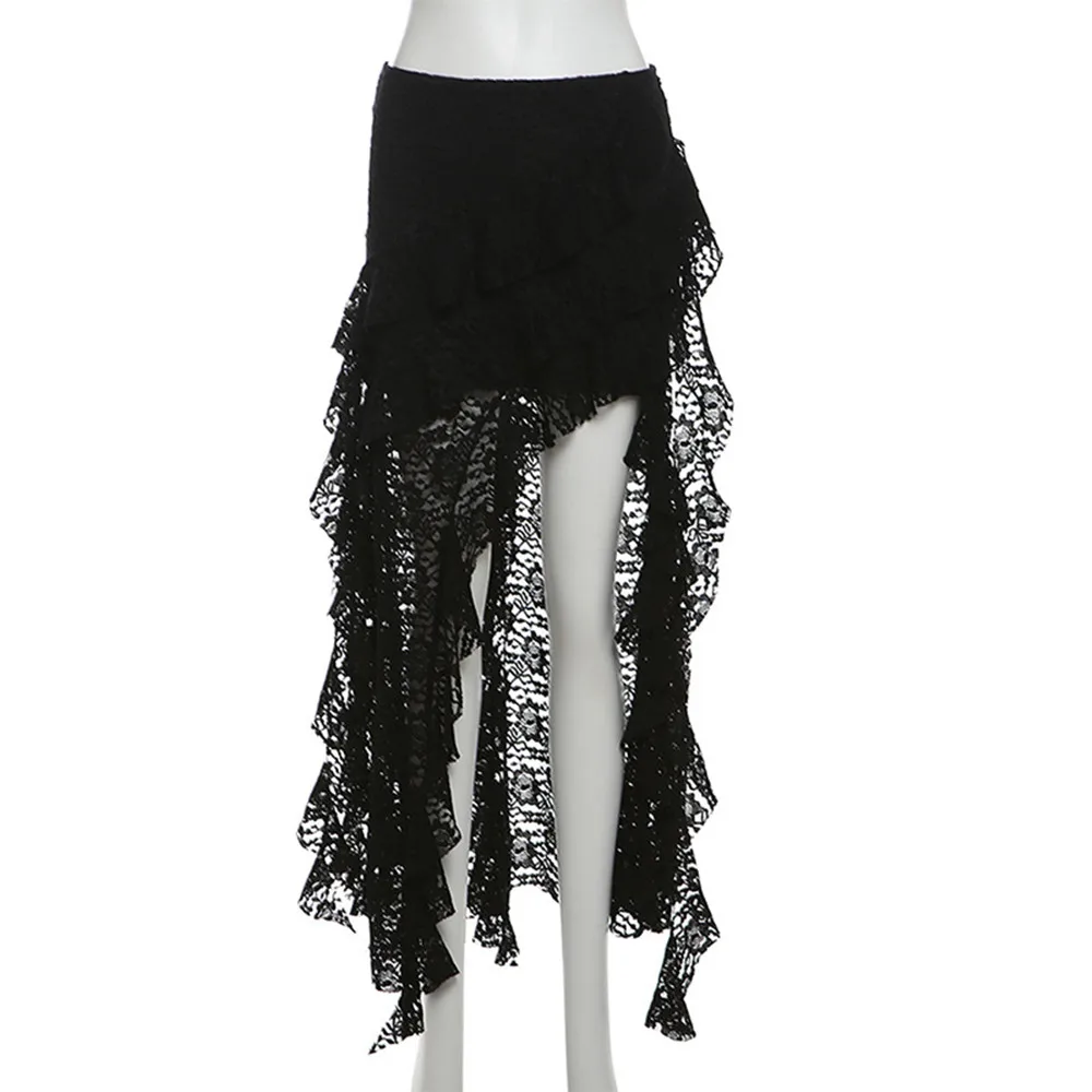 BKLD 2026 Autumn New Women Clothing Black Skirts Sexy High Waist Lace Ruffles Patchwork Irregular Y2k Skirts Party Clubwear